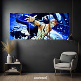 Yuji Itadori vs Sukuna poster set by Dripster displayed on a dark wall in a modern living room